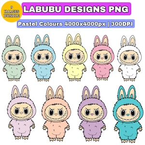 May include: Nine images of Labubu Designs PNG in pastel colours. Each image features a cartoon character in a bunny suit with a large, toothy grin. The suits are in various colours, including green, blue, yellow, pink, and purple.