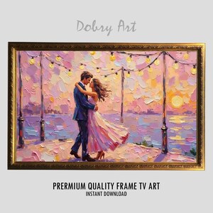 May include: An oil painting in a gold frame depicting a couple dancing on a pier at sunset under string lights. The scene features thick, textured brushstrokes in shades of pink, orange, and blue. Text reads: Dobry Art, PRERMIUM QUALITY FRAME TV ART, INSTANT DOWNLOAD.