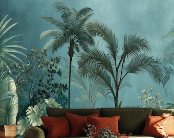 Tropical Jungle Wallpaper Mural – Teal Botanical Palm Leaves, Exotic Rainforest Peel and Stick