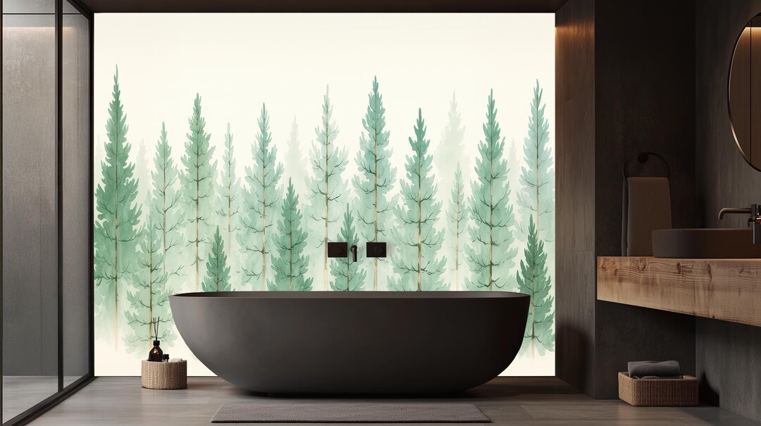 Watercolor Pine Forest Wallpaper Mural Misty Green Woodland Wall Decor ...