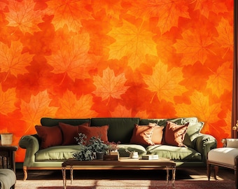 Autumn Maple Leaves Wallpaper Mural – Orange Fall Foliage Peel & Stick Wall Decor