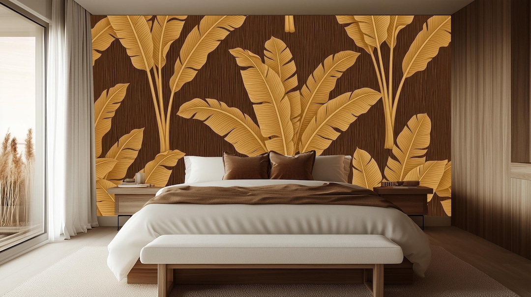 Luxury Leaf Wallpaper Mural – Brown & Gold Tropical Peel and Stick - Etsy