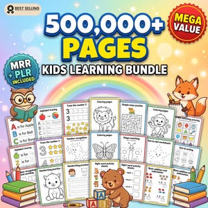 Może przedstawiać: Kolorowy pakiet edukacyjny dla dzieci z tekstem "500 000+ STRON". Zawiera śledzenie alfabetu, kolorowanki, ćwiczenia pisania i arkusze matematyczne. Zawiera postacie z kreskówek, takie jak sowa, lis i niedźwiedź.