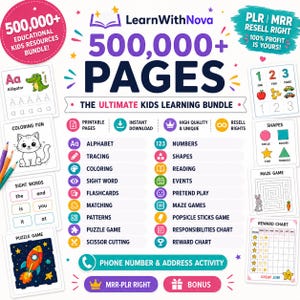 Può includere: Un pacchetto di risorse educative digitali intitolato LearnWithNova contenente oltre 500.000 pagine. La grafica mostra categorie come alfabeto, numeri, forme e colorazione, insieme a fogli di lavoro di esempio come labirinti e tabelle.