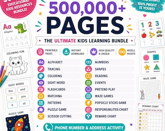 May include: A digital educational resource bundle titled LearnWithNova featuring 500,000+ pages. The graphic displays categories like alphabet, numbers, shapes, and coloring, alongside sample worksheets including tracing, mazes, and reward charts.