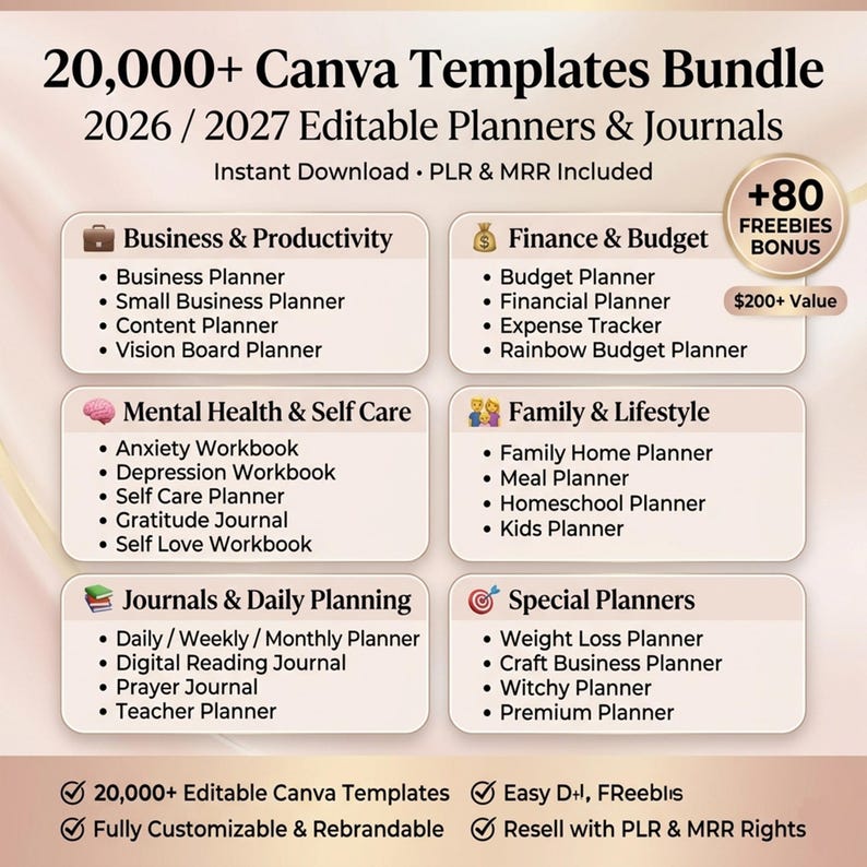 May include: A digital bundle of Canva templates for 2026/2027 planners and journals. Includes business, finance, mental health, family, and special planners. Features instant download, PLR & MRR rights, and over 20,000 editable templates.