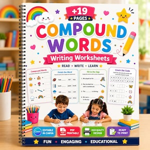 Peut inclure: Un cahier à spirales intitulé "Compound Words Writing Worksheets" avec des illustrations colorées. La couverture présente un arc-en-ciel, des étoiles et le texte "+19 Pages". Deux enfants sont montrés en train de travailler sur les feuilles. Le cahier est éducatif.