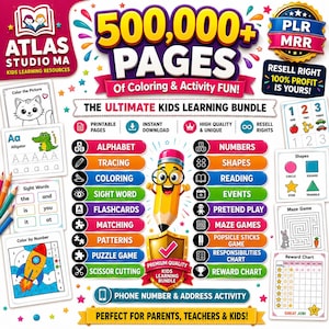 Paquete de 500k páginas de aprendizaje para niños, PLR MRR (PDF imprimible, plantillas de Canva)
