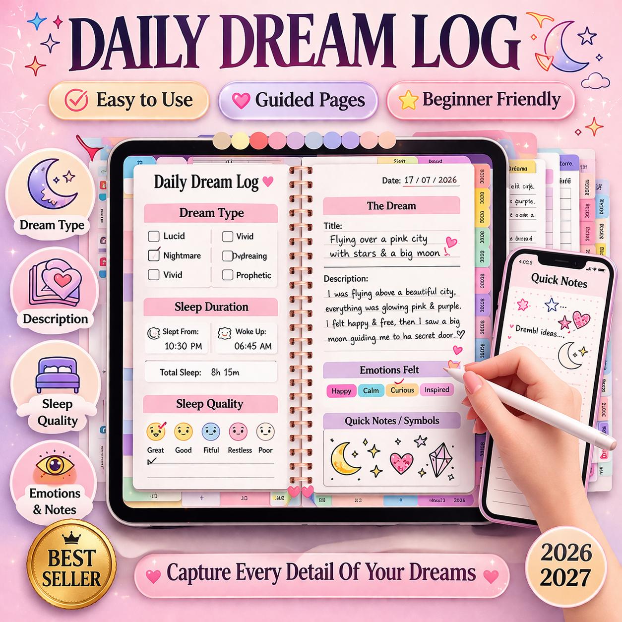 Dream Tracker - Printable Planner Page - Dream Log - Dream Journal ...