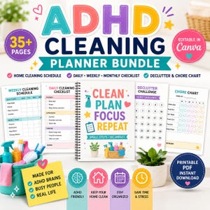 Peut inclure: Un ensemble de planification de nettoyage ADHD coloré avec plus de 35 pages, comprenant un calendrier de nettoyage de la maison, des listes de contrôle quotidiennes, hebdomadaires et mensuelles, et un tableau de désencombrement et de tâches. Modifiable dans Canva.