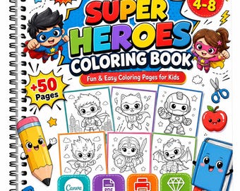 Super Heroes Coloring Book for Kids, 50+ Printable Action Hero Pages, Cute Comic Coloring Sheets, PDF Instant Download A4