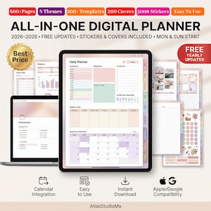 May include: A digital planner displayed on a tablet and laptop, featuring a daily planner, calendar, and to-do list. The image includes the text "ALL-IN-ONE DIGITAL PLANNER" and icons for calendar integration, easy use, and instant download.
