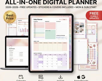 All In One Digital Planner 2026, 2027, 2028 Digital Planner, Digital Journal, Digital GoodNotes Template, Weekly, Daily, Notes+ Notability