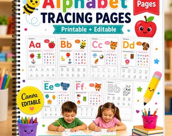 Space ABC Tracing Book for Kids, Kids Learning Pages, Printable ABC Worksheets, Editable Canva Template