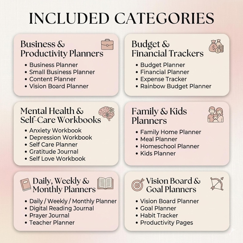 May include: Image featuring six categories of planners and workbooks. Categories include Business & Productivity Planners, Budget & Financial Trackers, Mental Health & Self-Care Workbooks, Family & Kids Planners, Daily, Weekly & Monthly Planners, and Vision Board & Goal Planners.