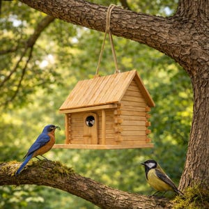Könnte beinhalten: Ein Vogelhaus aus Holz in Form einer kleinen Hütte, das mit einem Seil an einem Ast aufgehängt ist. Ein Blaufuß mit einem grünen Blatt im Schnabel sitzt auf einem moosigen Ast, und ein gelb-schwarzer Vogel sitzt in der Nähe.