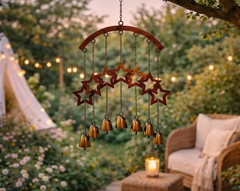 Star Wind Chime Outdoor – Boho Garden Hanging Decor, Soothing Metal Wind Chimes, Cozy Patio & Porch Ornament, Gift for Her