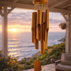 Campanilla de viento de bambú – Decoración colgante para exteriores de tono profundo, acento relajante para jardín y patio, campanillas de viento zen naturales, regalo relajante para el hogar