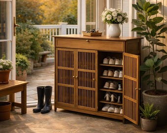 Zapatero de madera para recibidor – Banco de almacenamiento estrecho con puertas de listones, organizador de zapatos para patio, zapatero oculto para espacios pequeños