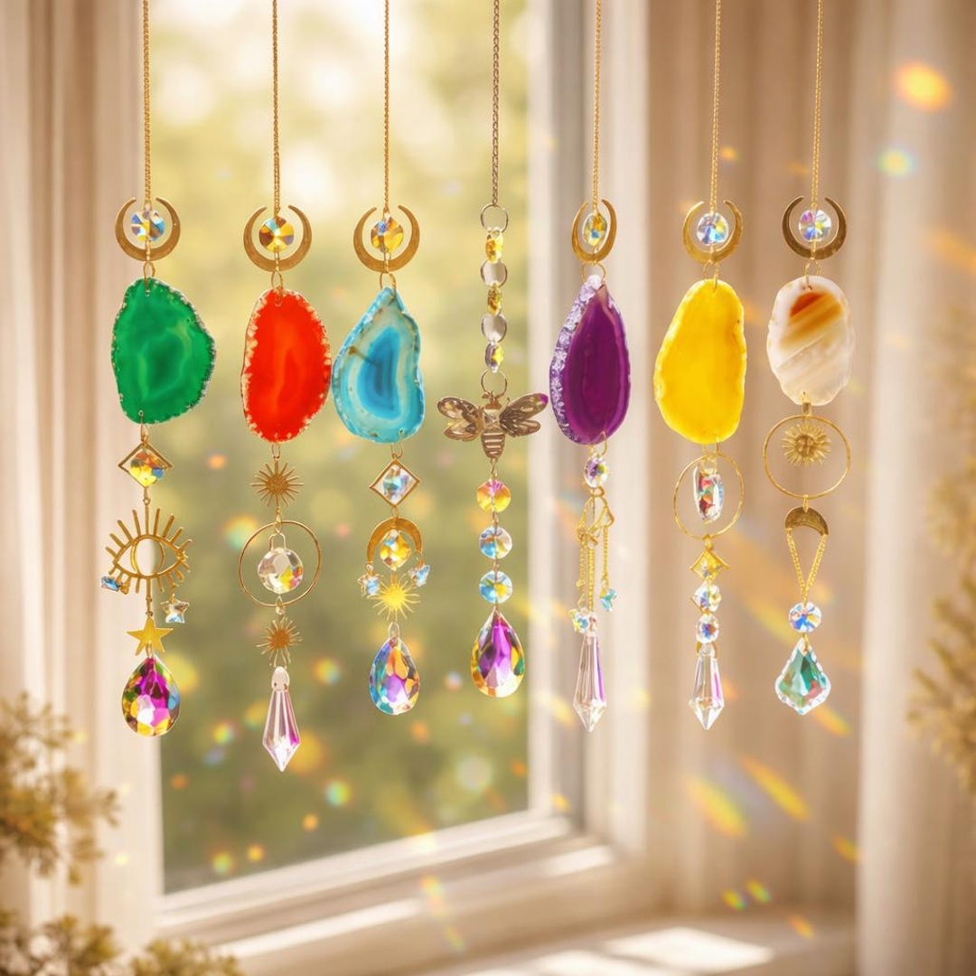 7 Crystal Suncatcher Window Hanging – Rainbow Light Maker, Boho Sun ...