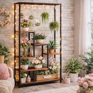 Soporte para plantas de 5 niveles para interior y exterior: estante grande de metal con ganchos, expositor alto para jardín con capacidad para varias plantas.