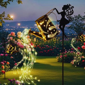 May include: Decorative garden lights featuring watering cans with star cutouts and fairy silhouettes. The watering cans appear to be pouring out strings of warm white LED lights, illuminating a flower garden at dusk. The scene is set against a backdrop of a distant cityscape.