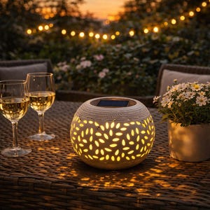 Könnte beinhalten: Eine cremefarbene, kugelförmige Solar-Laterne mit blattförmigen Aussparungen, die ein warmes Licht ausstrahlt. Zwei Weingläser mit Weißwein und eine kleine Topfpflanze mit weißen Blüten stehen auf einem gewebten Tisch. Lichterkette im Hintergrund.