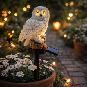 May include: A white owl garden stake with glowing yellow eyes, perched on a faux wood base. The solar-powered light is set in a flower pot with white daisies. The background features a brick pathway and soft bokeh lights.