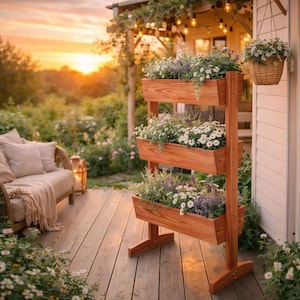 Hölzerner Blumenständer 3-Tier - Vertikales Gartenregal für drinnen und draußen, rustikale Blumenampel, platzsparender Pflanzenhalter