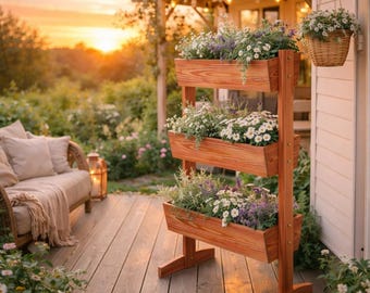 Supporto per piante in legno a 3 livelli – Scaffale verticale per giardino interno ed esterno, portavasi da balcone, espositore rustico per fiori, porta piante salvaspazio