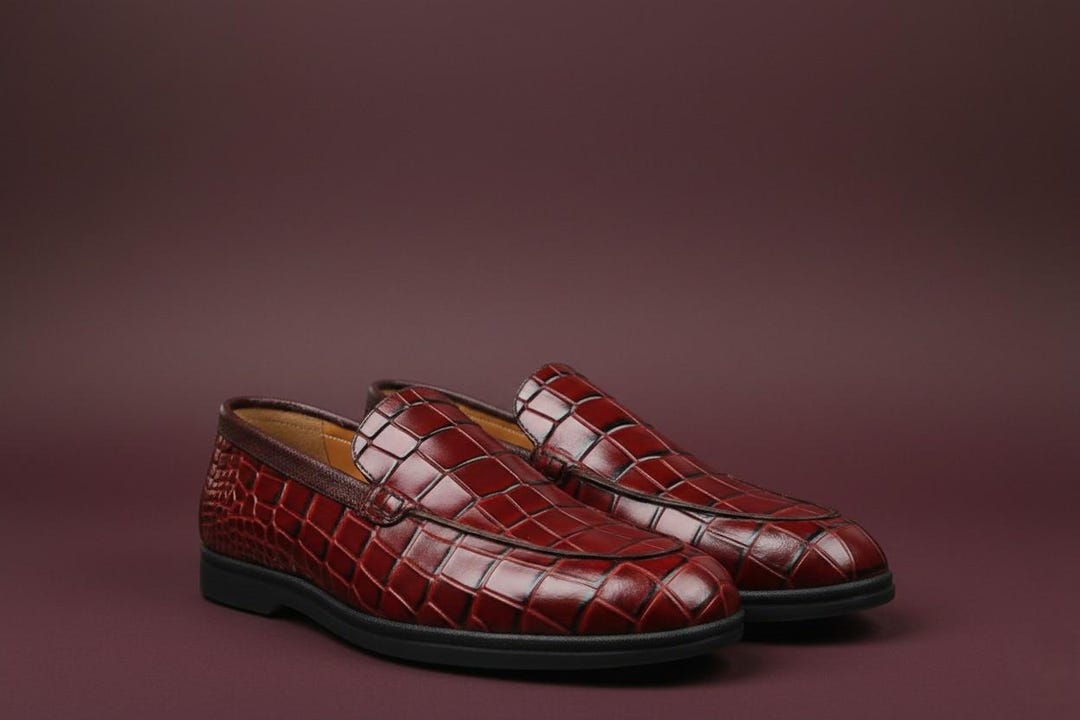 Croc-Embossed Slip-On Loafers in Deep Burgundy Men main image 4