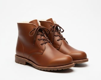 Botas de cano curto masculinas em couro marrom, feitas à mão – Calçado de inverno com cadarço e forro quente