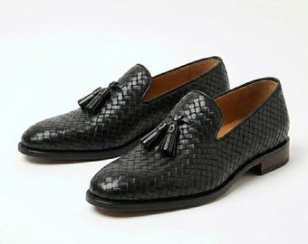 Handwoven Black Leather Tassel Loafers for Men | Luxury Formal Slip-On Shoes