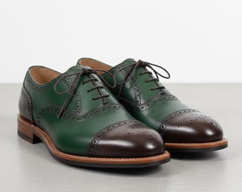Handmade Green Brown Leather Oxford Shoes – Two-Tone Brogue Dress Shoes for Men