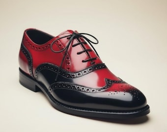 Handmade Two-Tone Leather Brogue Oxford – Red Black Formal Lace-Up Dress Footwear for Men