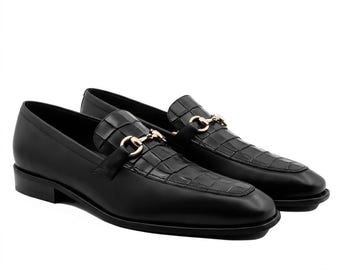 Mocasines Horsebit de piel hechos a mano para hombre: zapatos formales sin cordones con relieve de cocodrilo para oficina, boda