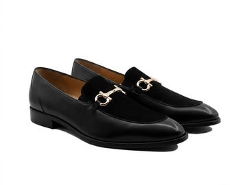 Mocassins masculinos de couro preto com detalhe de bridão | Sapatos sociais de luxo feitos à mão para homem