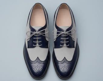 Handmade Navy White Wingtip Oxford | Leather Brogue Wedding Business Formal Footwear