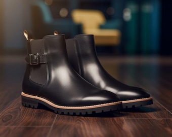 Botines Chelsea de piel negra con hebilla, hechos a mano para hombre