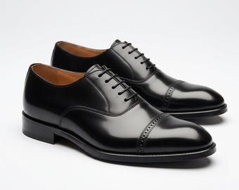 Handmade Black Cap Toe Oxford | Genuine Leather Wedding Business Formal Footwear