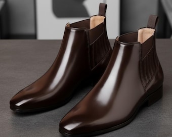 Handmade Brown Polished Leather Chelsea Boots for Men