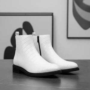 mens white leather dress boots Men Vintage Boots Florsheim Chelsea Boots White Leather Beatle Boot Round Toe Dual Seam Men Size 8.5