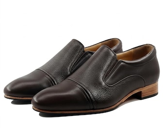 Zapatos de vestir de cuero sin cordones para hombre, hechos a mano, con puntera y para oficina.