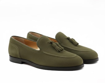 Handmade Olive Suede Tassel Loafers | Leather Slip On Dress Shoes
