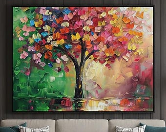 Large Colorful Tree Oil Painting, Hand Painted Impasto Landscape Wall Art, Vibrant Abstract Nature Canvas for Modern Living Room Decor