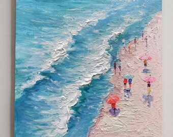 Textured Beach Oil Painting, Coastal Wall Art, Hand Painted Ocean Canvas, Summer Seascape Decor, Beach People Artwork, Large Modern Wall Art
