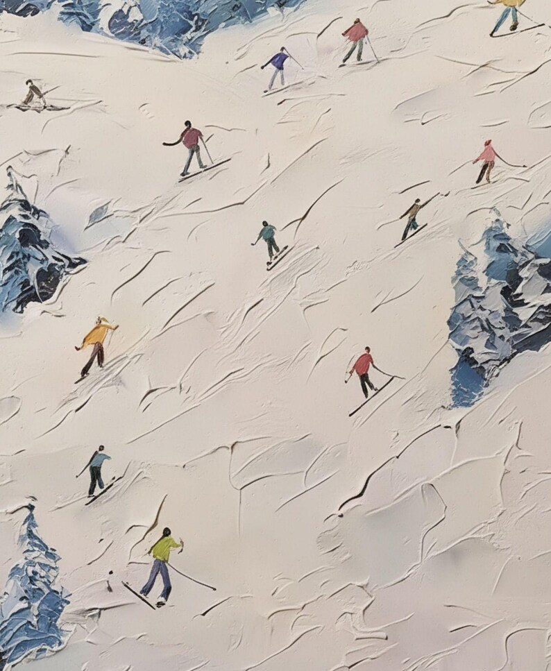 Skiing Oil Painting Winter Landscape Wall Art Textured Impasto Ski 