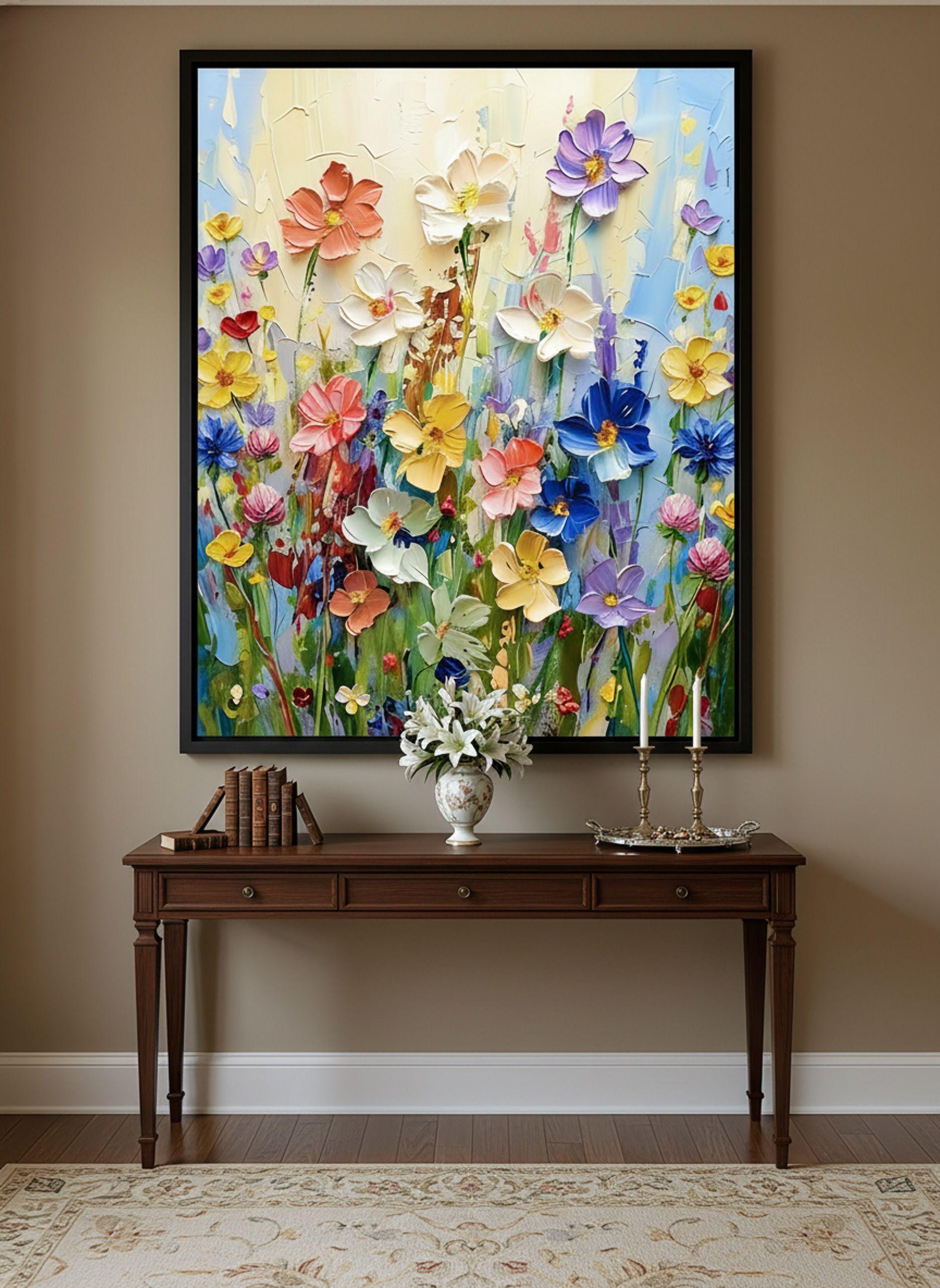 Abstract Colorful Floral Oil Painting on Canvas, Botanical Wall Art ...