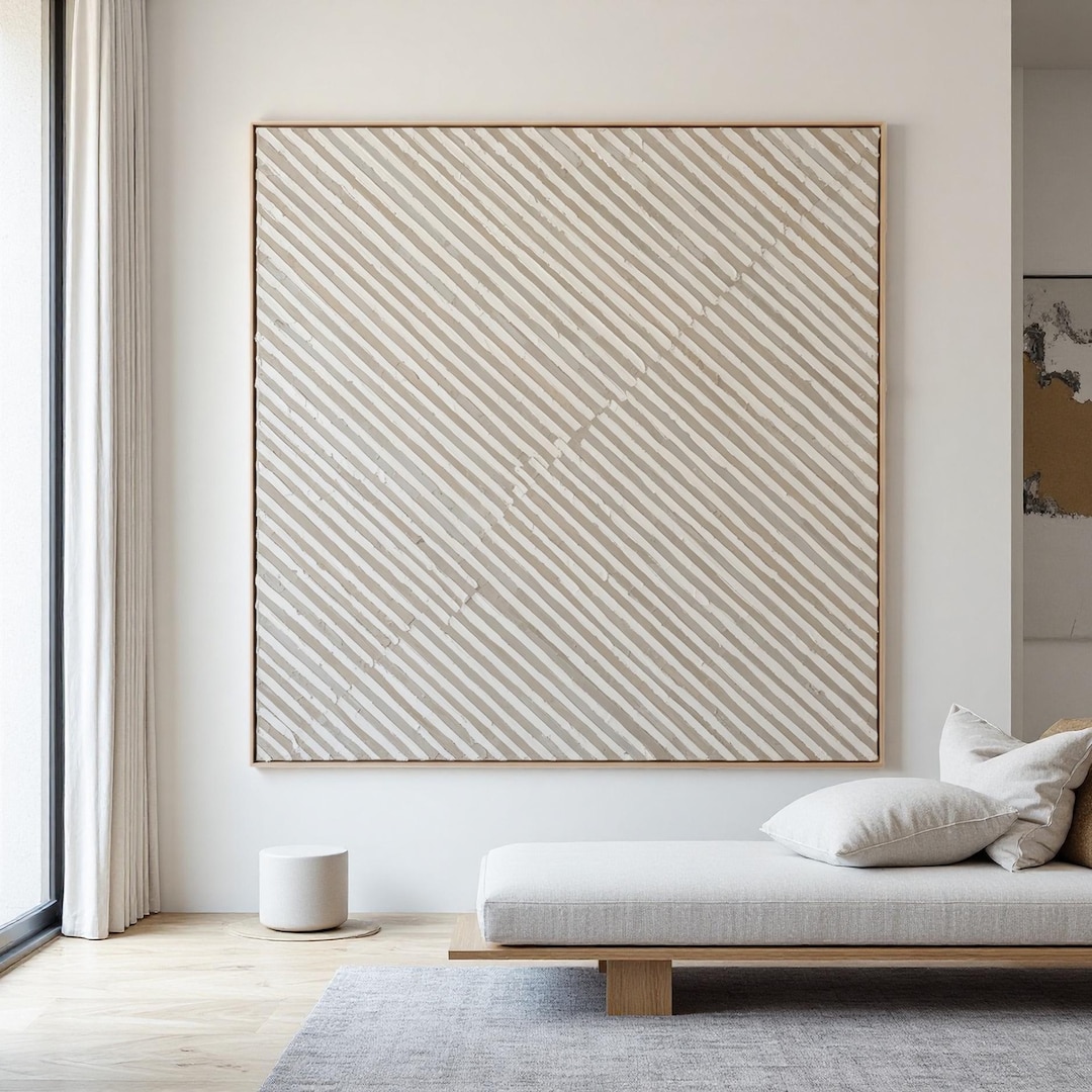Large Textured Abstract Wall Art | Modern Minimalist Beige White Stripe ...