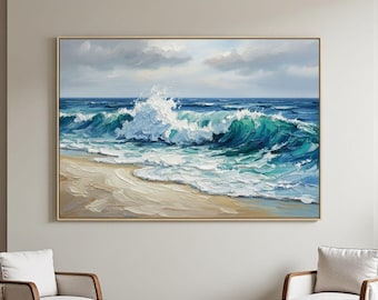 Dipinto a olio originale con onde oceaniche, paesaggio marino in impasto strutturato, grande decorazione per casa sulla spiaggia, moderna tela astratta costiera, arredamento per la casa
